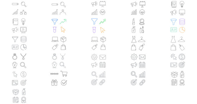 Mega Vector Icon Set of 104 Icons for Retail Marketing and Consumer Services. Includes SEO, E-commerce, Fashion, Jewelry, Cosmetics, PPC, Automation, and Subscription Box Graphics.
