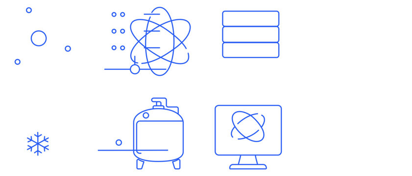 Quantum Computing and Advanced Technology Vector Icon Set: Collection of 4 Blue Line Icons Featuring Atom Symbol, Data Server Rack, Cryogenic Cold Storage Tank, and Quantum Software Monitor.