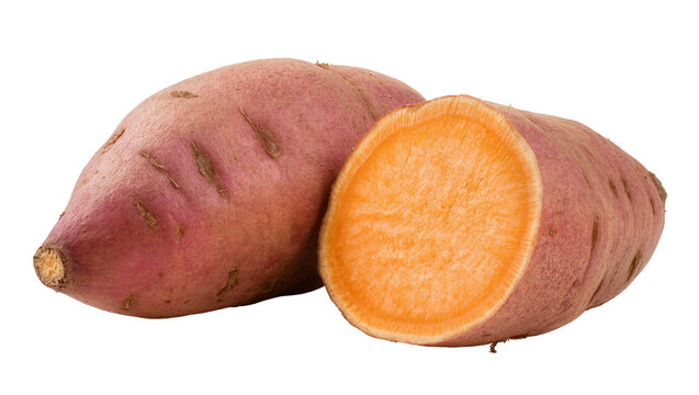 Raw Purple Sweet Potato and Cut Half Showing Orange Flesh