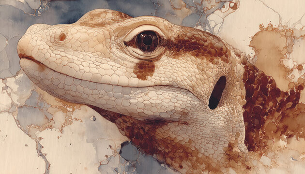 Detailed watercolor portrait of bearded dragon lizard in earthy neutral tones