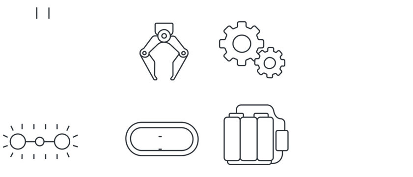 Vector icon set of 4 minimalist line icons for infrastructure and smart systems featuring a mechanical robotic claw gripper, interlocking gears, robot treads, and a rechargeable battery pack.