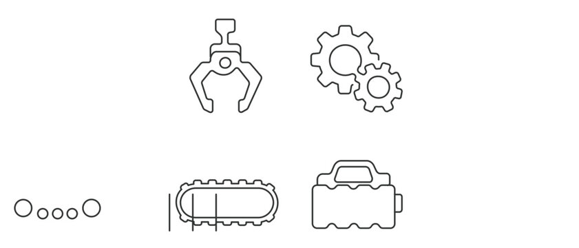 Vector icon set collection of 4 minimalist line art icons for robotics and industrial automation featuring a mechanical claw, interlocking gears, caterpillar robot treads, and a battery pack.