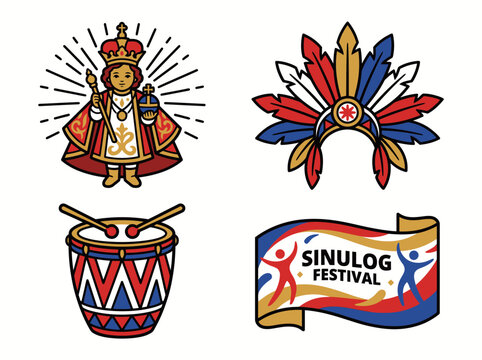 Vibrant sinulog festival illustrations with santo nino, drum, and banner