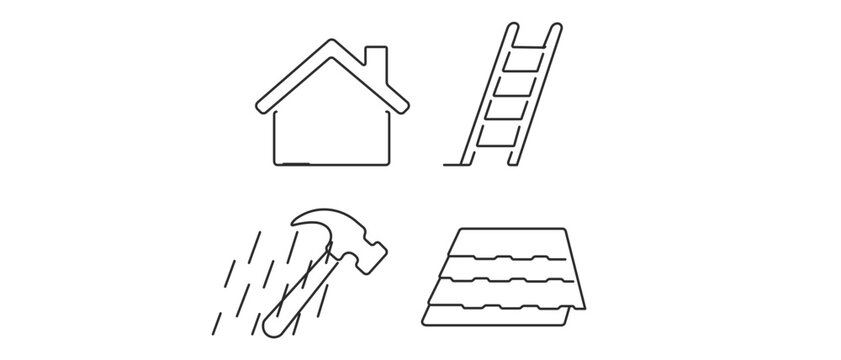 Professional vector icon set collection of 4 minimalist line art icons for roofing and home repair services, featuring a house, ladder, hammer, and roof shingles for construction trade branding.