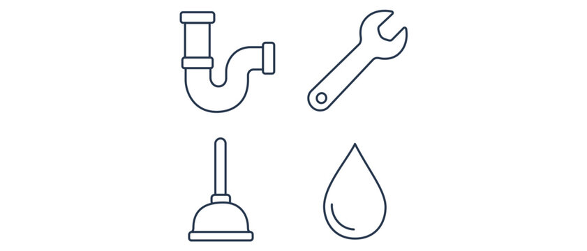 Professional plumbing vector icon set featuring 4 minimalist line art designs: a pipe trap, adjustable wrench, toilet plunger, and water drop. Ideal for home repair and maintenance services.