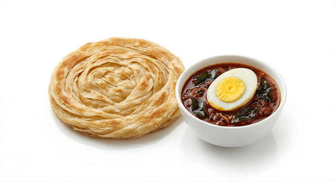Crispy Malabar parotta with spicy egg curry and boiled egg in a white bowl isolated on white background studio shot