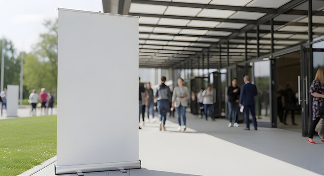 Blank roll-up banner display at the entrance of a modern building with people walking in the background