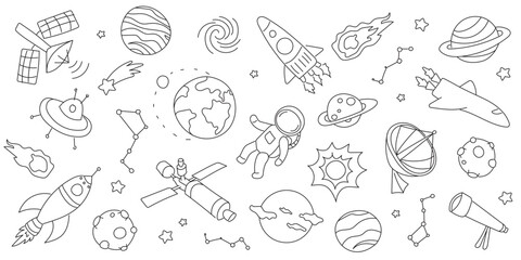 Outer Space Doodle Set. Hand Drawn Vector Illustration of Astronaut, Rockets, Planets, Stars, and Satellites in Sketch Style. © Olia