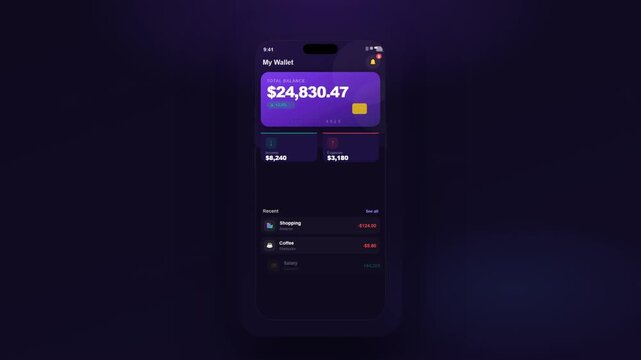 Digital wallet mobile application interface displayed on 3D smartphone screen.