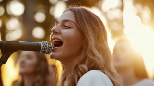 A young woman sings into a microphone, surrounded by friends. They are in a park at sunset, enjoying the warm evening while sharing music and laughter