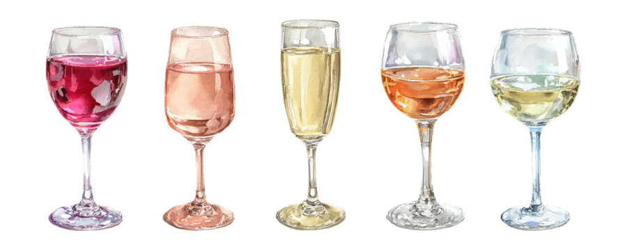 Assortment of wine glasses featuring various drinks including red, rose, white, and sparkling wine, with different types of glassware in a watercolor style for beverage concepts