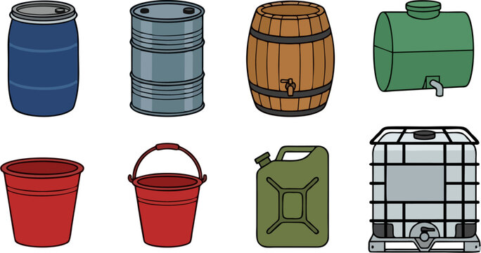 Liquid Storage Container Set Illustration with Barrels, Buckets, Jerry Can, Water Tank and IBC Tote