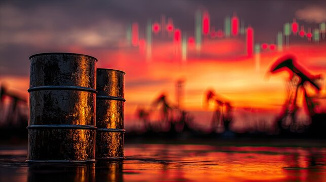 Oil barrels at sunset with pumpjacks and stock chart overhead