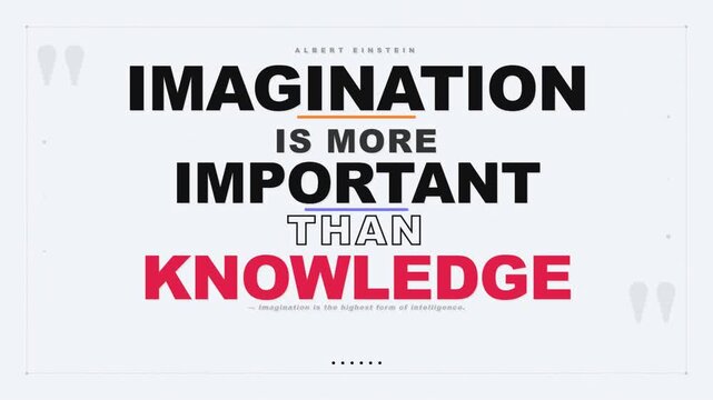 Colorful animated typography quoting imagination over knowledge on light background.