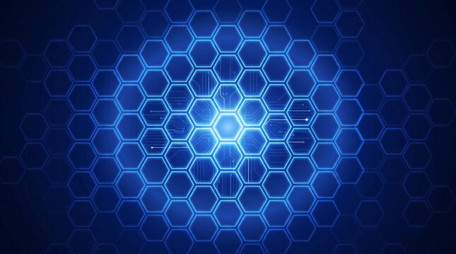 A futuristic staggered arrow tab list appears on a blue hexagonal patterned background.