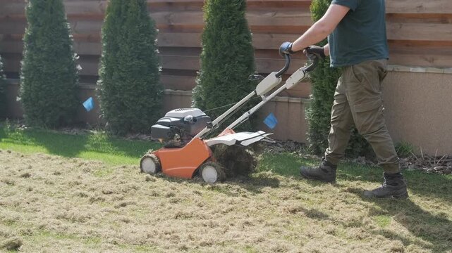 A man uses a professional gasoline scarifier to remove moss and thatch from a green lawn in a private house backyard.