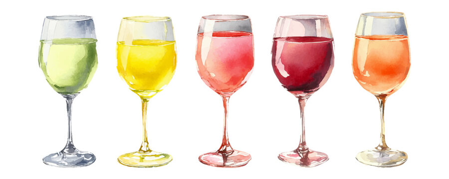 Variety of watercolor wine glass illustrations depicting different colors and types of beverages, offering a selection of drinks for celebration or tasting concepts