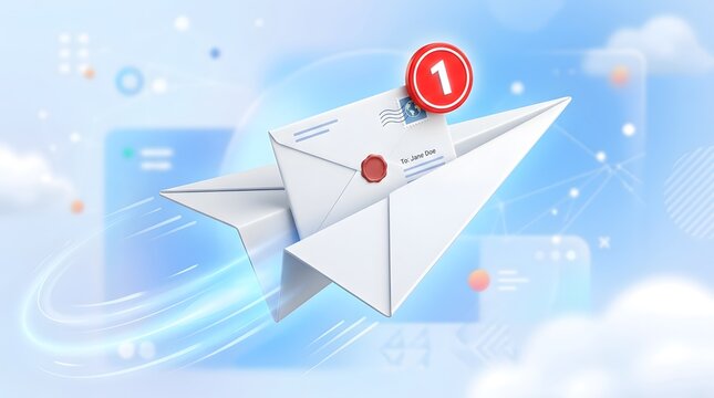 Paper airplane email with new notification. Suitable for technology blogs, email marketing, digital communication, and business presentations.