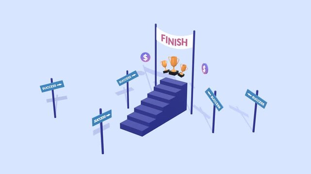 Animated upward stair path illustrating steps toward success, business growth, career development, motivation, and goal achievement. Suitable for leadership, corporate, and educational videos.