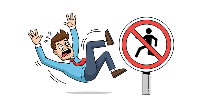 Man falling down next to prohibition sign.