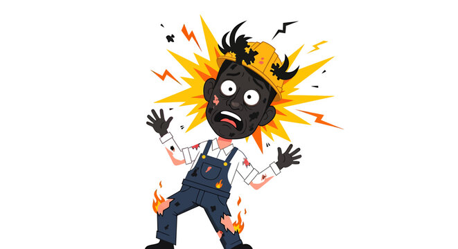 Cartoon man electrocuted with sparks and flames flying.