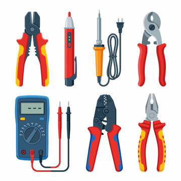 Flat design vector set showcasing professional electrical tools including pliers, wire cutters, screwdrivers, and a digital multimeter for repair, DIY, and technical projects.