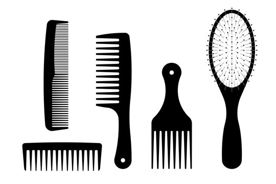 Hairbrush and comb set silhouettes with different styling tools for hair care and grooming. Simplicity vector illustration.
