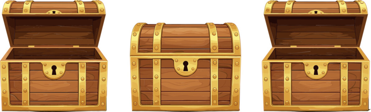 Wooden Treasure Chest with Gold Lock and Open Lid Vector Illustration for Pirate, Adventure, and Fantasy Designs