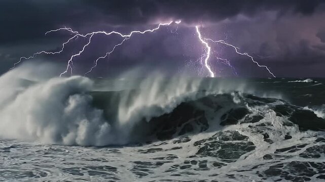 Powerful ocean waves crashing during a lightning storm with dark dramatic clouds and turbulent sea
