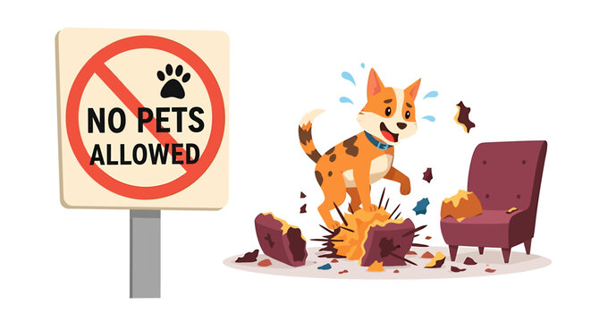 Dog making a mess in a room with a no pets allowed sign.