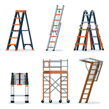 High-quality vector set featuring various types of ladders and scaffolding for construction, safety, and industrial use. Ideal for business, education, and marketing materials.