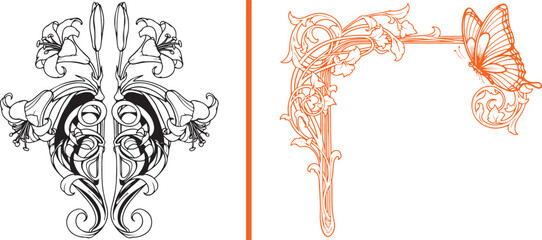 Art Nouveau floral ornaments and butterfly frame vector set. Ideal for vintage wedding invitations, classic border designs, and elegant decorative accents © Muhammad