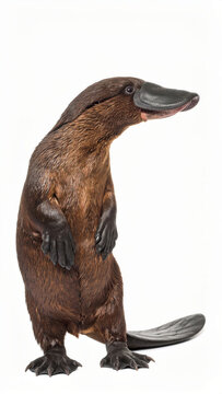 Platypus isolated on white background, unusual semiaquatic monotreme mammal with duck-like bill