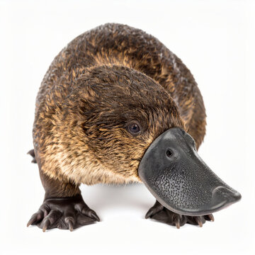 Platypus isolated on white background, unusual semiaquatic monotreme mammal with duck-like bill