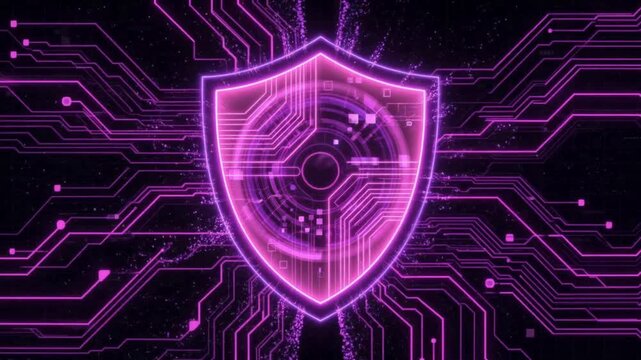 Neon cybersecurity shield with glowing purple lines and intricate digital circuitry background representing data protection firewall network security and advanced information privacy technology.