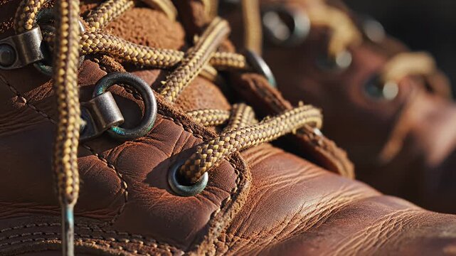 Close up of tied laces on brown leather hiking boots