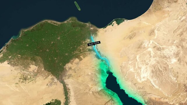 Satellite Map Animation of Suez Canal and Gulf of Suez Strategic Maritime Corridor and Egypt Geography