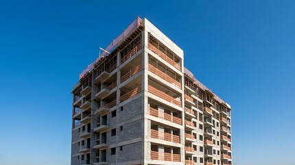 Fototapeta premium Professional view of a masonry construction project for a commercial housing unit with stacks of bricks and construction machinery in the foreground