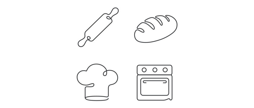 Minimalist vector icon set collection of 4 continuous line art illustrations for bakery management including a rolling pin, loaf of bread, chef hat, and oven for culinary and food branding.