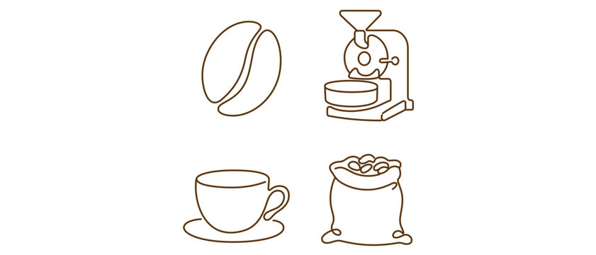 Coffee Roastery Vector Icon Set Collection of 4 Minimalist Line Art Icons Featuring a Roasted Coffee Bean, Industrial Roasting Machine, Ceramic Coffee Cup on Saucer, and Burlap Sack of Raw Beans