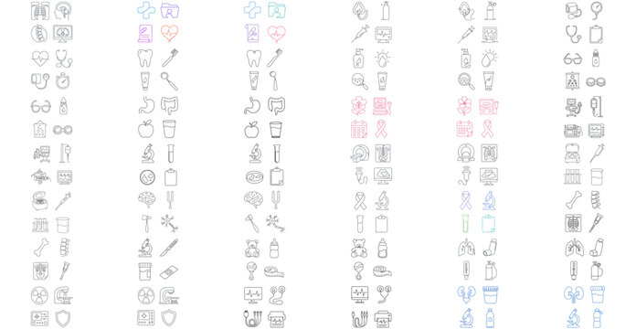 Mega Vector Icon Set Bundle of 168 Medical Specialties and Diagnostics Icons. Collection of 42 Sets including Cardiology, Dental, Neurology, Oncology, Pediatrics, Radiology, and Lab Equipment.