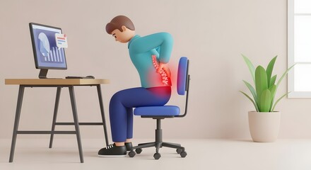 Fototapeta premium Illustration of Office Worker Experiencing Back Pain Due to Incorrect Chair Height and Poor Ergonomic Sitting Position