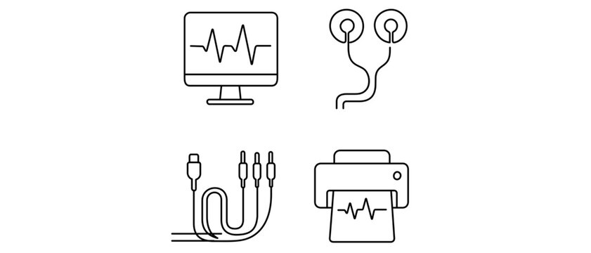 Vector icon set of 4 medical telemetry monitoring symbols including a heart rate monitor screen with ECG graph, diagnostic electrodes, connection cables, and a printer outputting a cardiac strip.
