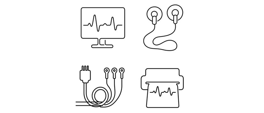 Collection of 4 vector icons for medical telemetry and heart monitoring, including a digital screen with ECG graph, electrode pads, sensor cables, and a printed diagnostic report strip.
