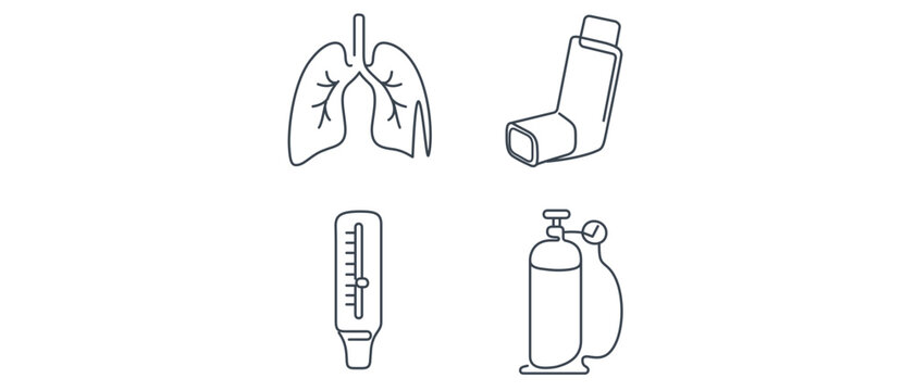 Pulmonology medical vector icon set featuring 4 minimalist line art icons: human lungs, asthma inhaler, peak flow meter, and oxygen tank cylinder for respiratory health and diagnostic concepts.
