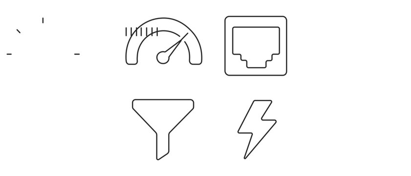 Vector icon set of 4 network infrastructure and cybersecurity symbols featuring a bandwidth speedometer, ethernet port jack, data filtering funnel, and lightning bolt for speed and power.