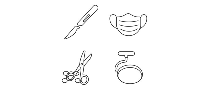 Vector icon set collection of 4 surgical and healthcare administration icons featuring a sharp scalpel, medical face mask, surgical scissors, and operating room light for medical design.