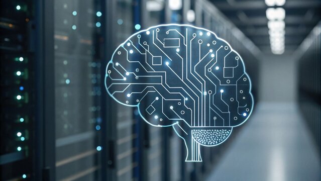 Digital brain-shaped circuit overlay in a server room, symbolizing artificial intelligence and advanced computing technology.