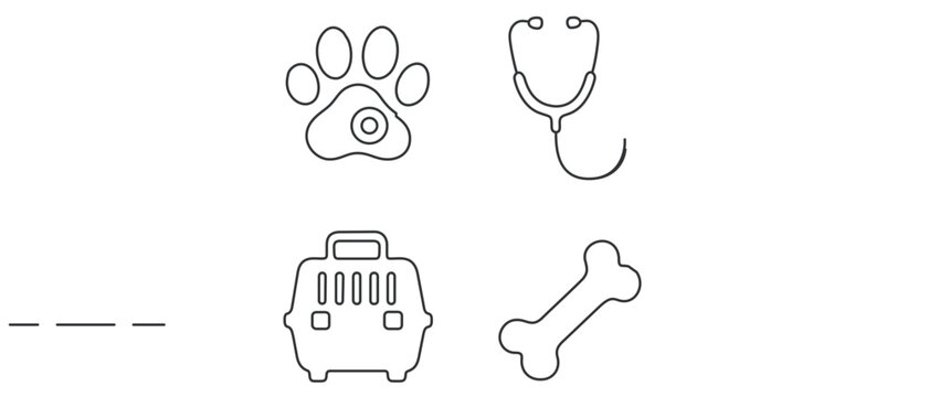 Vector Icon Set of 4 Minimalist Line Art Icons for Veterinary Care and Pet Healthcare Administration featuring a Paw Print, Medical Stethoscope, Portable Pet Carrier, and a Dog Bone Illustration.