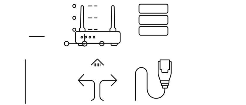 Vector icon set collection of 4 minimalist line icons for network infrastructure and cybersecurity featuring a wifi router, server database rack, directional data arrows, and ethernet cable.